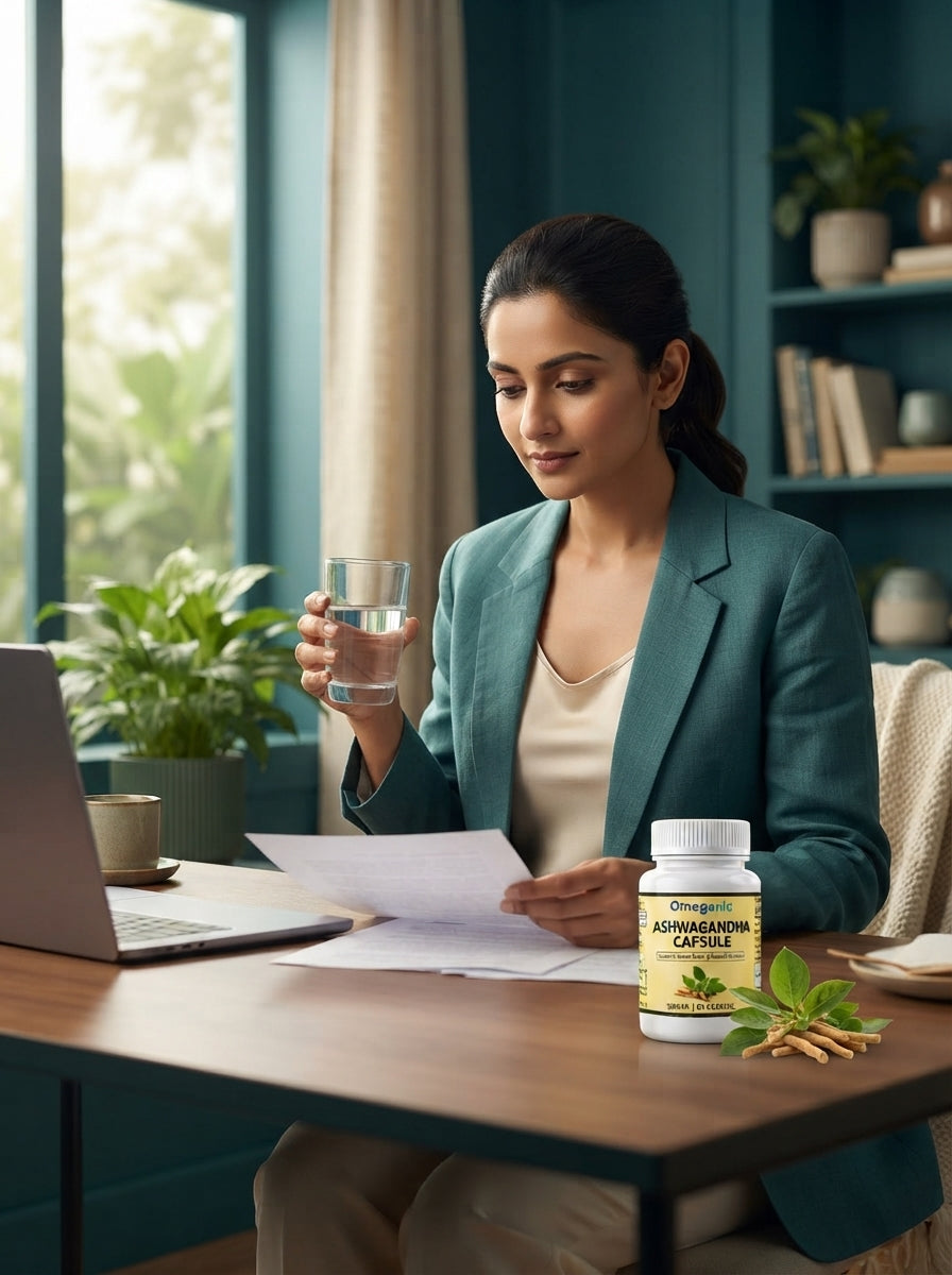 A professional Indian person in a teal and cream home office environment, representing calm focus and vitality.
