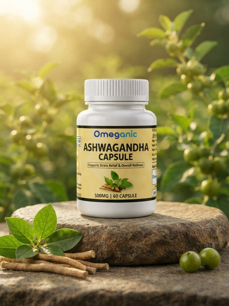 A professional in a home office holding an Omeganic Ashwagandha supplement bottle during a morning routine.