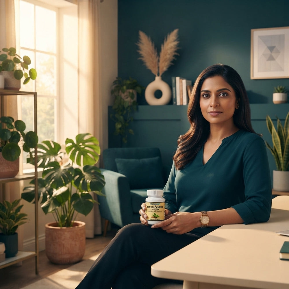 A professional Indian woman in a calm, modern office setting holding a bottle of Omeganic Ashwagandha 500mg.