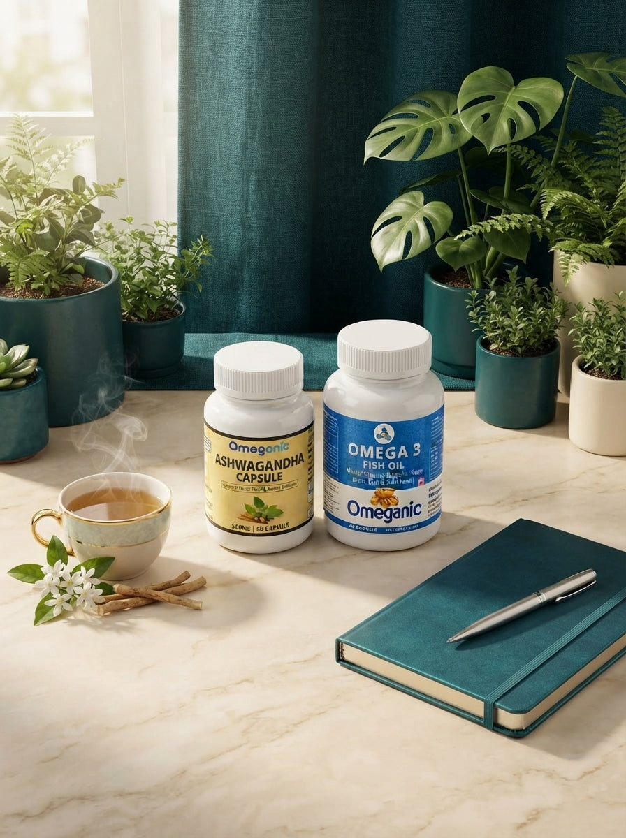 Omeganic Ashwagandha and Omega-3 bottles on a cream marble table with tea and a journal in a warm, elegant setting.